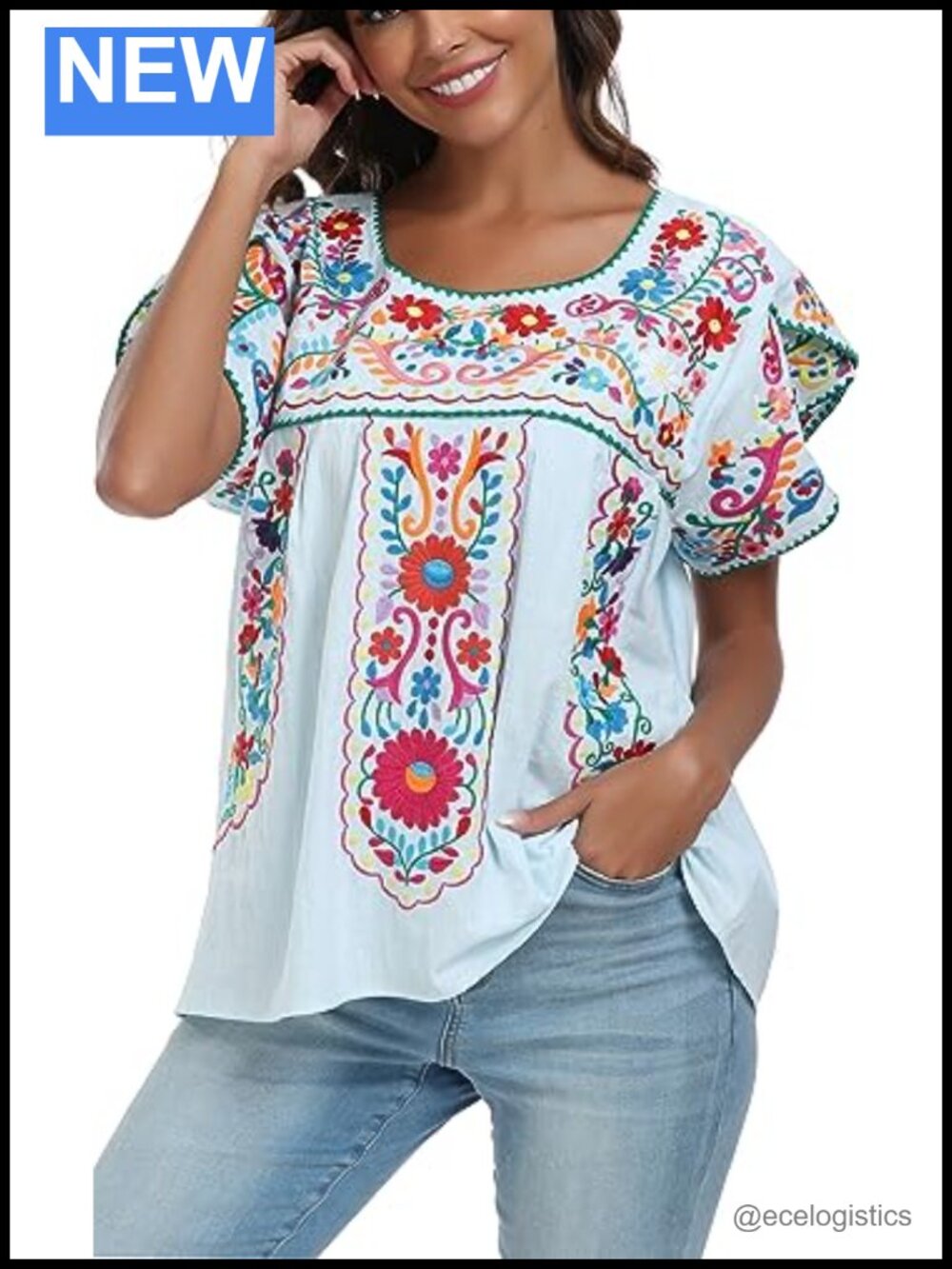 Womens Mexican Embroidered Peasant Blouse Cotton Boho Summer Top